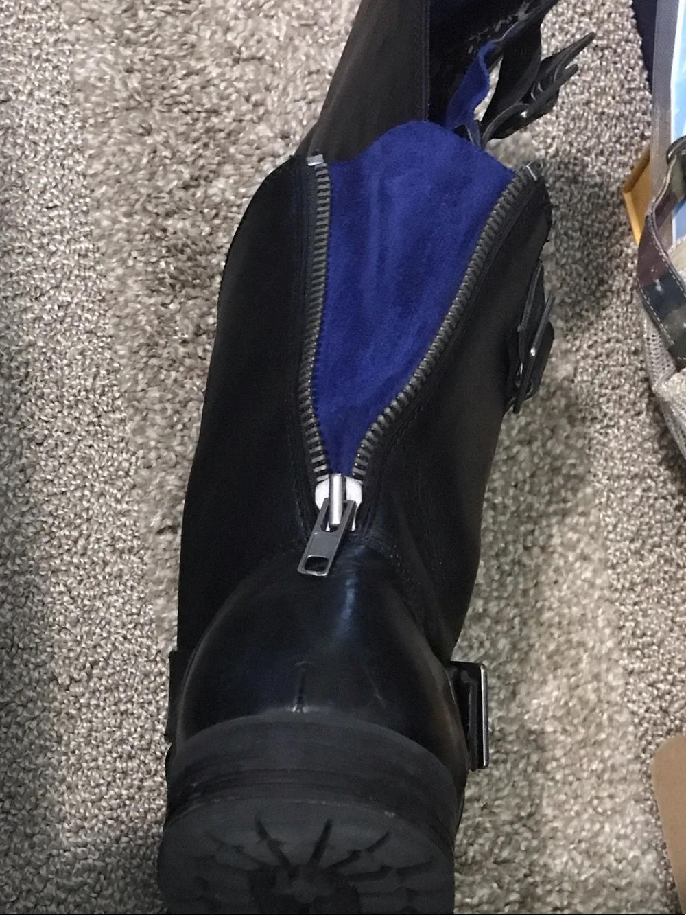 Kenneth Cole Black Leather Buckle Moto Boots with Blue Lining